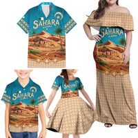 Sahara Algeria Family Matching Off Shoulder Maxi Dress and Hawaiian Shirt with Desert Camel Landscape and Islamic Motif Design