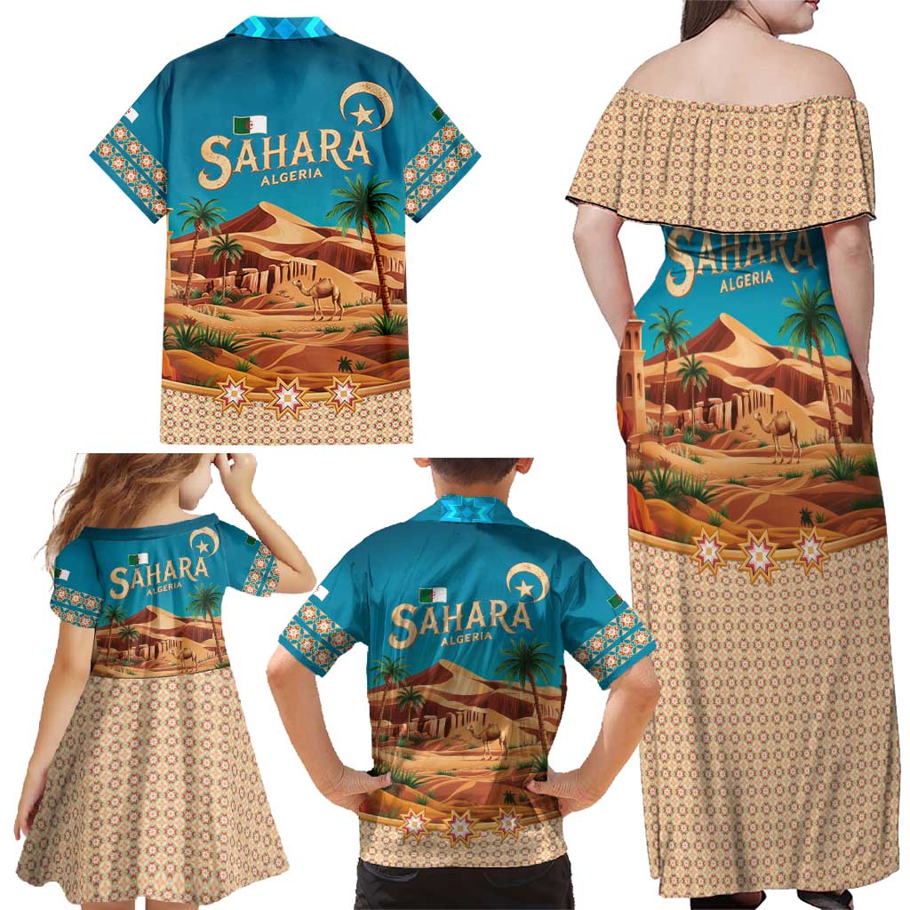 Sahara Algeria Family Matching Off Shoulder Maxi Dress and Hawaiian Shirt with Desert Camel Landscape and Islamic Motif Design