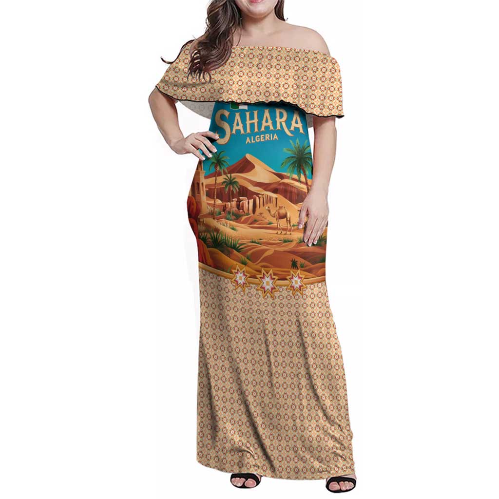Sahara Algeria Family Matching Off Shoulder Maxi Dress and Hawaiian Shirt with Desert Camel Landscape and Islamic Motif Design