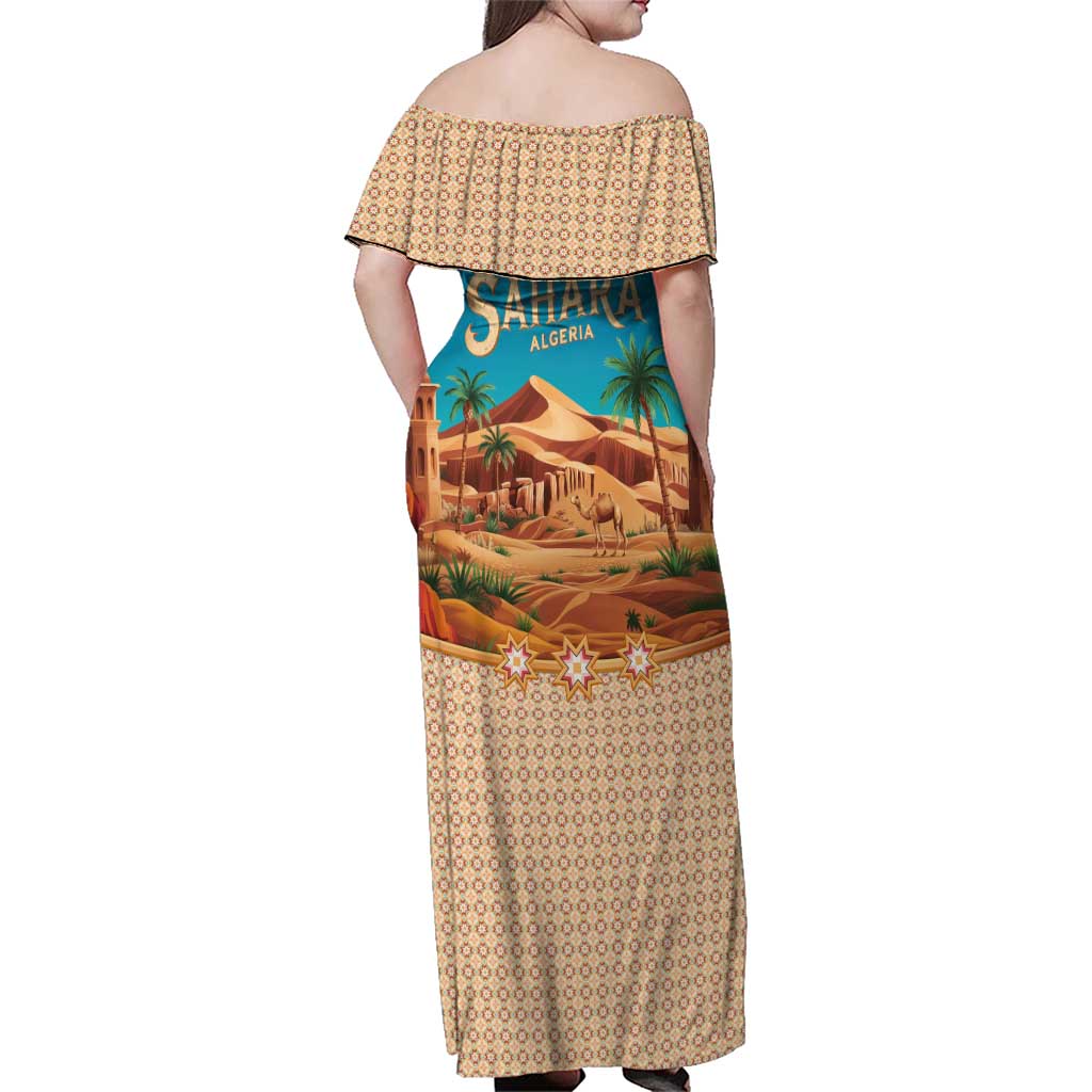 Sahara Algeria Family Matching Off Shoulder Maxi Dress and Hawaiian Shirt with Desert Camel Landscape and Islamic Motif Design