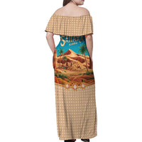 Sahara Algeria Family Matching Off Shoulder Maxi Dress and Hawaiian Shirt with Desert Camel Landscape and Islamic Motif Design