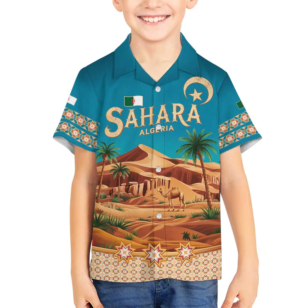 Sahara Algeria Family Matching Off Shoulder Maxi Dress and Hawaiian Shirt with Desert Camel Landscape and Islamic Motif Design