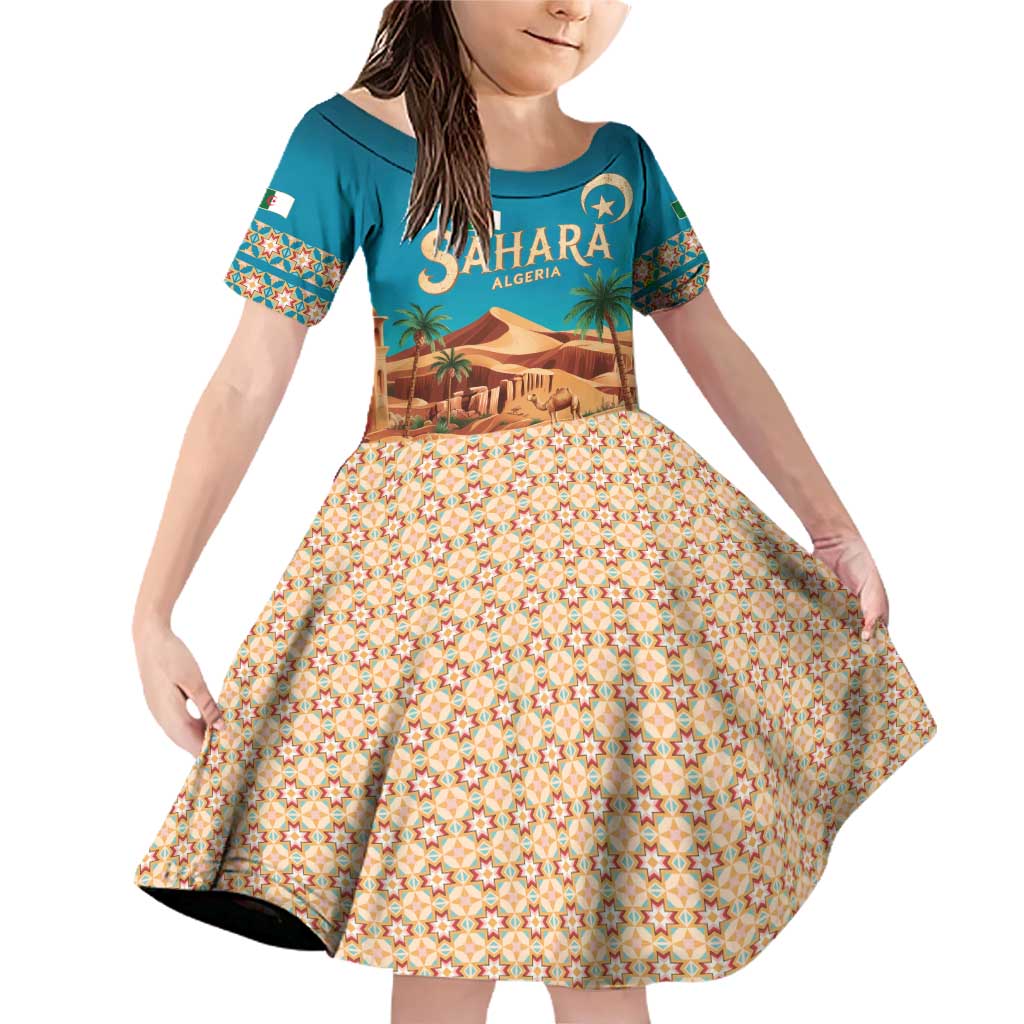 Sahara Algeria Family Matching Off Shoulder Short Dress and Hawaiian Shirt with Desert Camel Landscape and Islamic Motif Design
