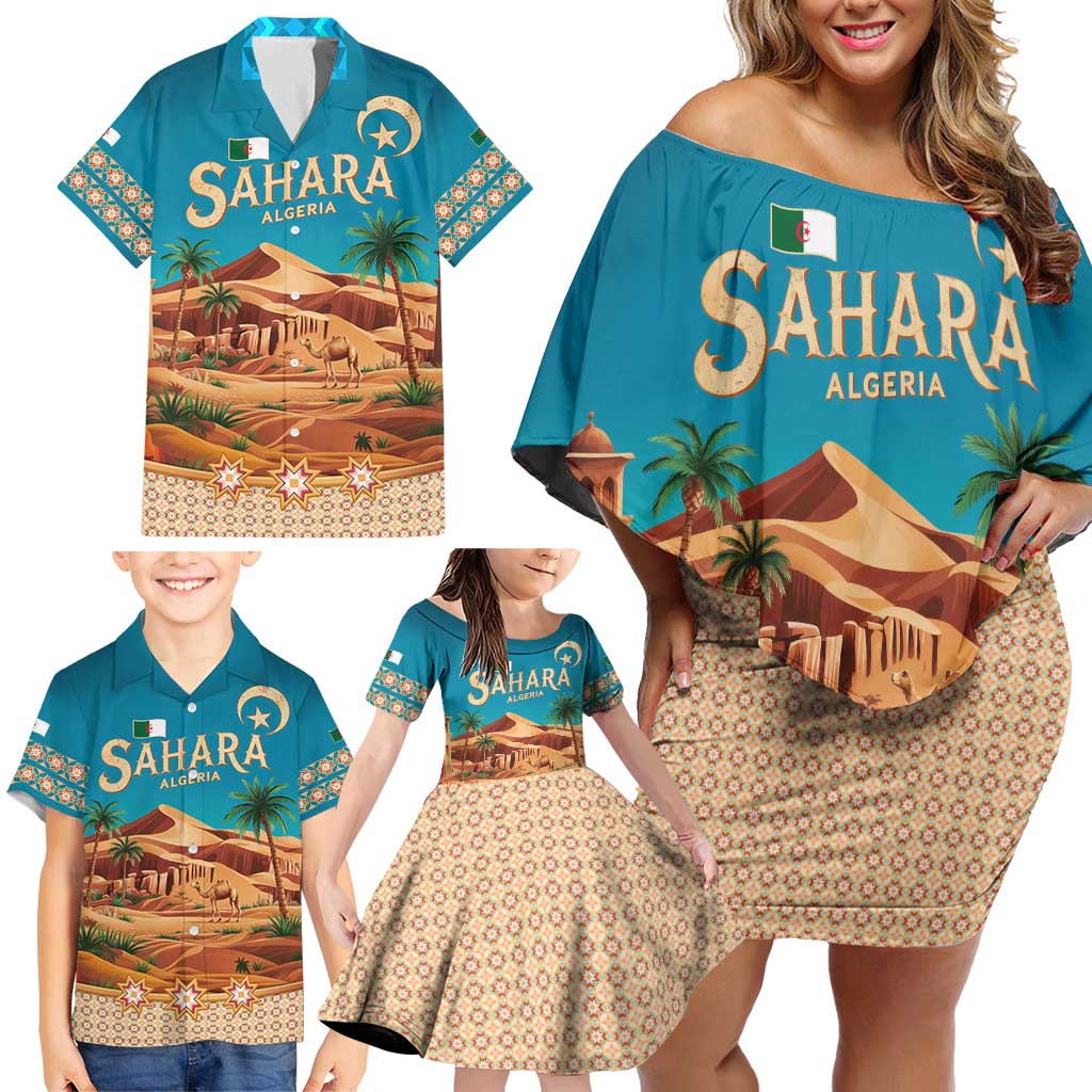 Sahara Algeria Family Matching Off Shoulder Short Dress and Hawaiian Shirt with Desert Camel Landscape and Islamic Motif Design