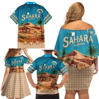 Sahara Algeria Family Matching Off Shoulder Short Dress and Hawaiian Shirt with Desert Camel Landscape and Islamic Motif Design