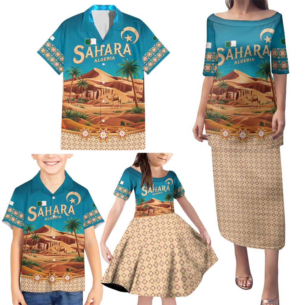 Sahara Algeria Family Matching Puletasi and Hawaiian Shirt with Desert Camel Landscape and Islamic Motif Design