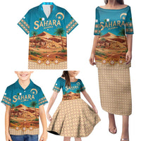 Sahara Algeria Family Matching Puletasi and Hawaiian Shirt with Desert Camel Landscape and Islamic Motif Design