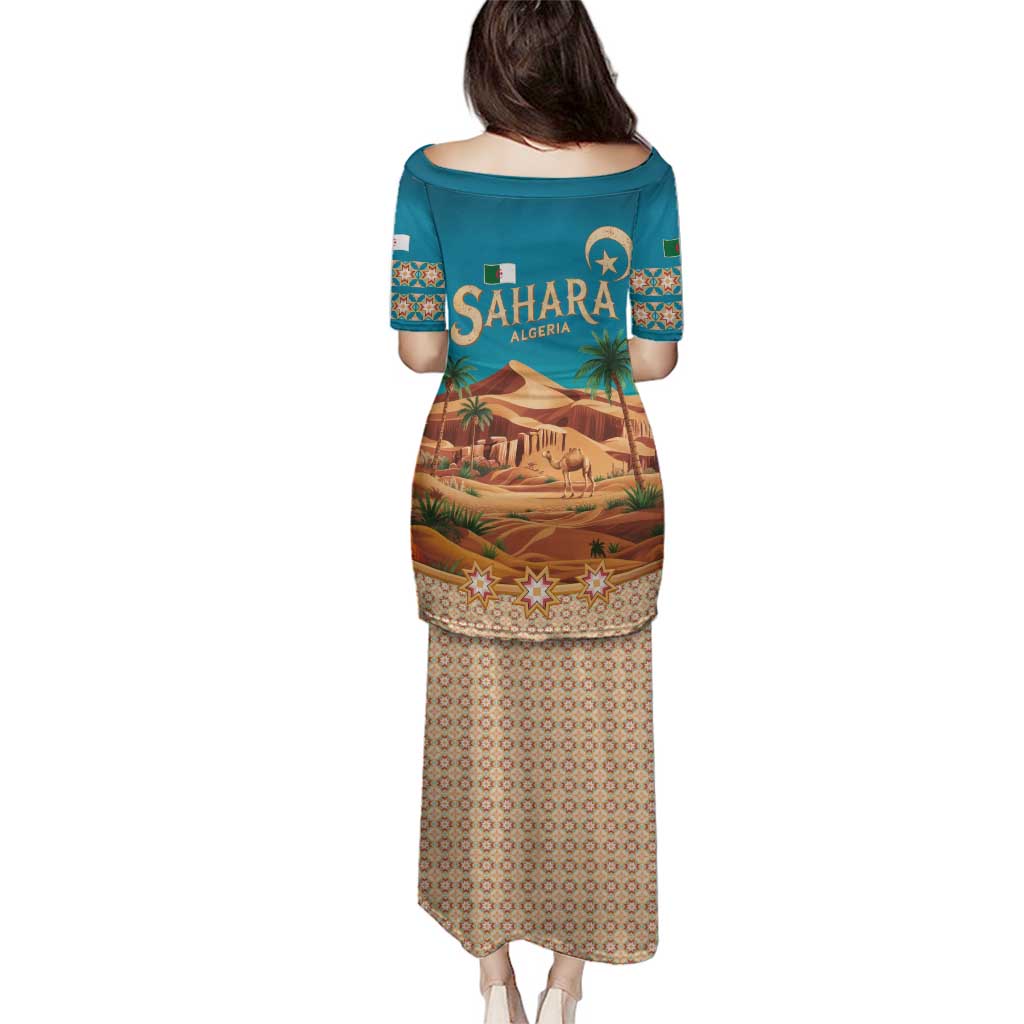 Sahara Algeria Family Matching Puletasi and Hawaiian Shirt with Desert Camel Landscape and Islamic Motif Design