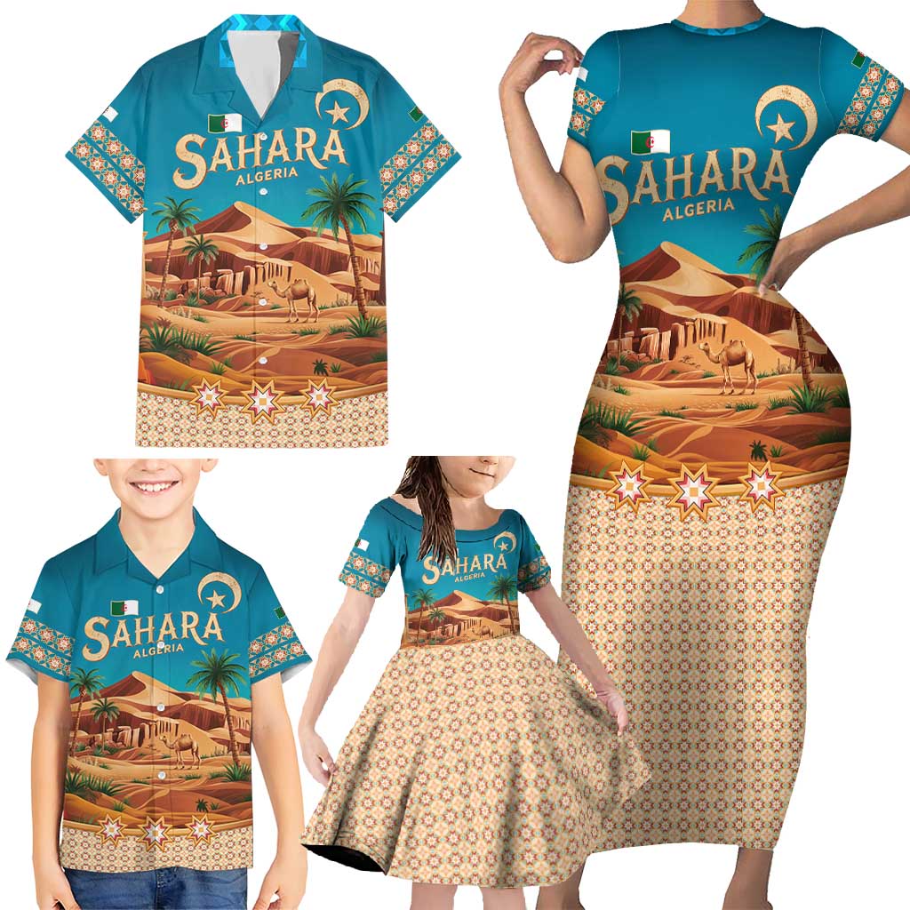 Sahara Algeria Family Matching Short Sleeve Bodycon Dress and Hawaiian Shirt with Desert Camel Landscape and Islamic Motif Design