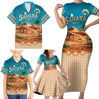 Sahara Algeria Family Matching Short Sleeve Bodycon Dress and Hawaiian Shirt with Desert Camel Landscape and Islamic Motif Design