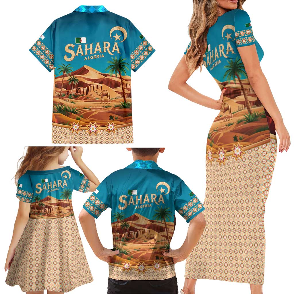 Sahara Algeria Family Matching Short Sleeve Bodycon Dress and Hawaiian Shirt with Desert Camel Landscape and Islamic Motif Design
