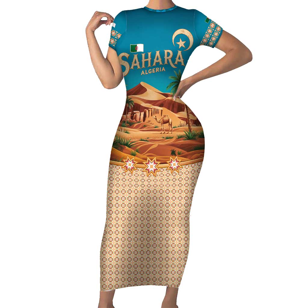 Sahara Algeria Family Matching Short Sleeve Bodycon Dress and Hawaiian Shirt with Desert Camel Landscape and Islamic Motif Design