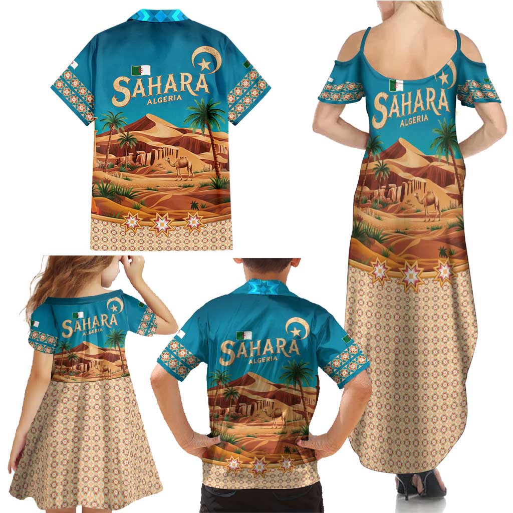 Sahara Algeria Family Matching Summer Maxi Dress and Hawaiian Shirt with Desert Camel Landscape and Islamic Motif Design