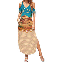 Sahara Algeria Family Matching Summer Maxi Dress and Hawaiian Shirt with Desert Camel Landscape and Islamic Motif Design