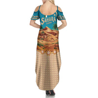 Sahara Algeria Family Matching Summer Maxi Dress and Hawaiian Shirt with Desert Camel Landscape and Islamic Motif Design