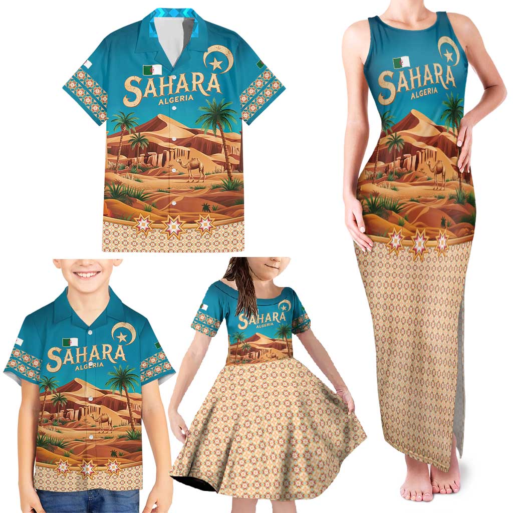 Sahara Algeria Family Matching Tank Maxi Dress and Hawaiian Shirt with Desert Camel Landscape and Islamic Motif Design