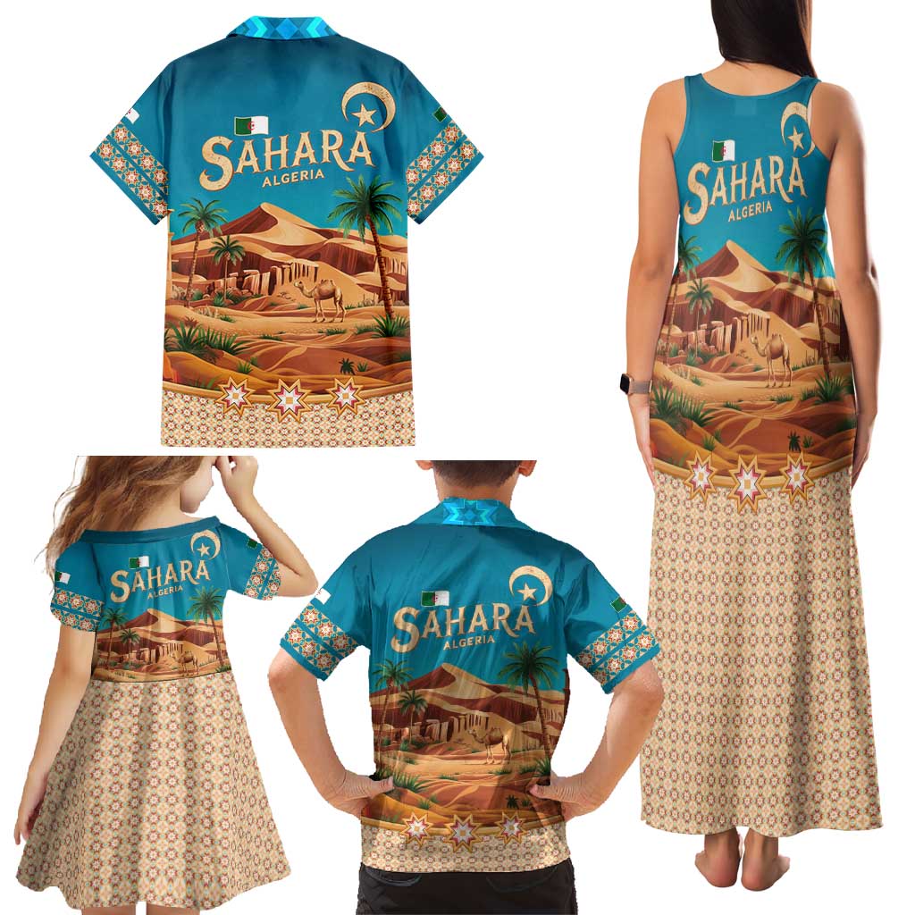 Sahara Algeria Family Matching Tank Maxi Dress and Hawaiian Shirt with Desert Camel Landscape and Islamic Motif Design