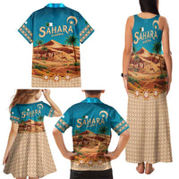 Sahara Algeria Family Matching Tank Maxi Dress and Hawaiian Shirt with Desert Camel Landscape and Islamic Motif Design
