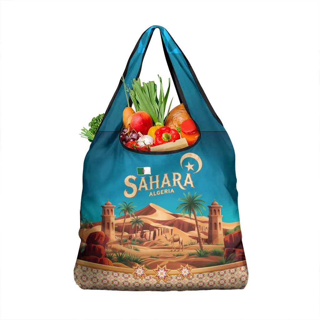 Sahara Algeria Grocery Bag with Desert Camel Landscape and Islamic Motif Design