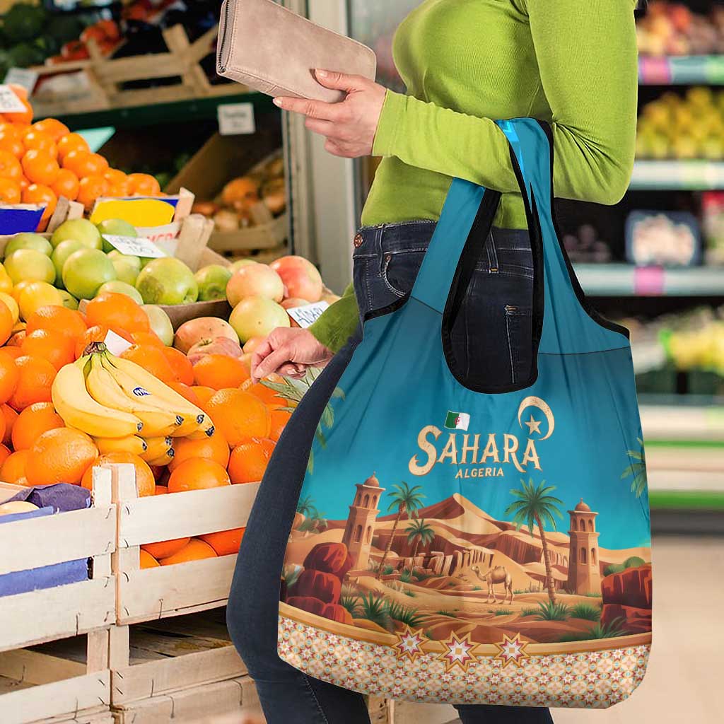 Sahara Algeria Grocery Bag with Desert Camel Landscape and Islamic Motif Design