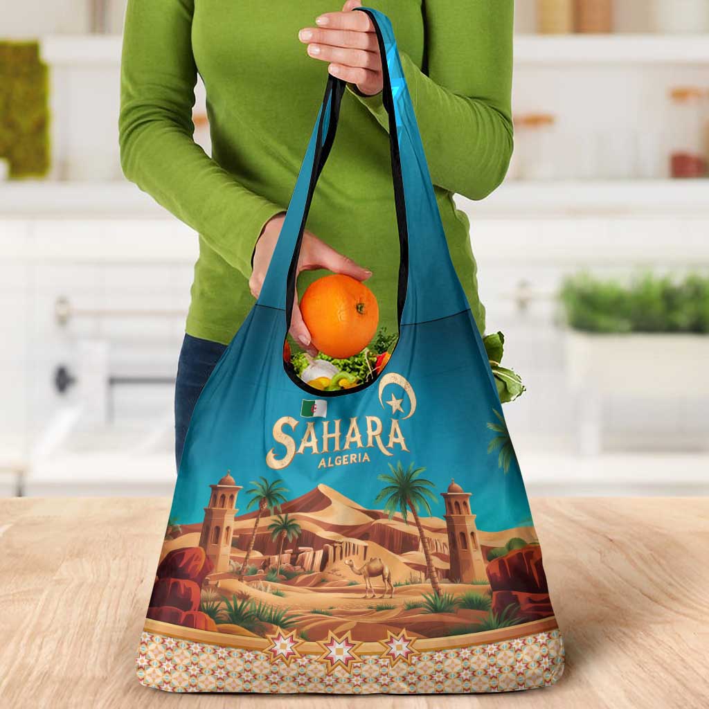 Sahara Algeria Grocery Bag with Desert Camel Landscape and Islamic Motif Design