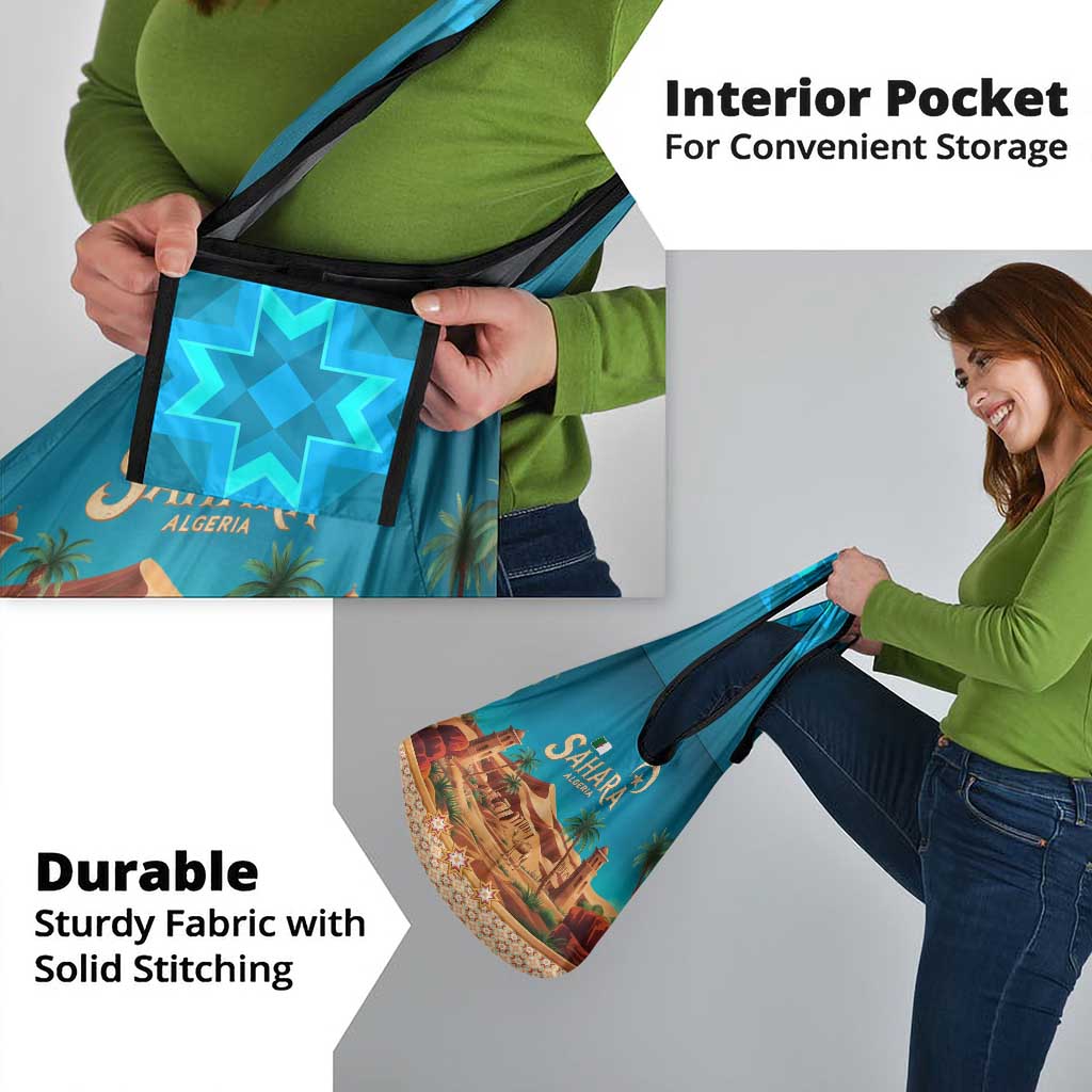 Sahara Algeria Grocery Bag with Desert Camel Landscape and Islamic Motif Design