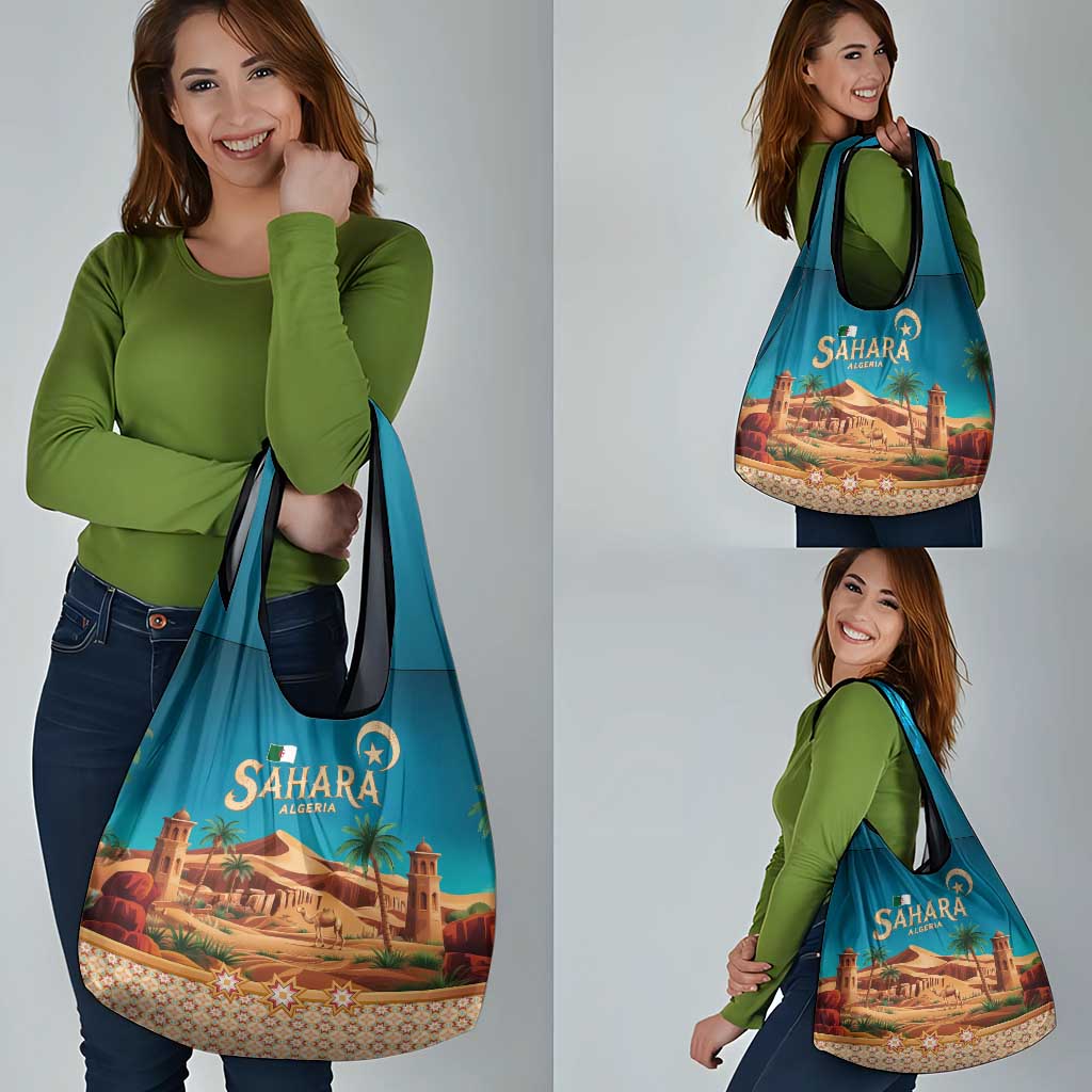 Sahara Algeria Grocery Bag with Desert Camel Landscape and Islamic Motif Design