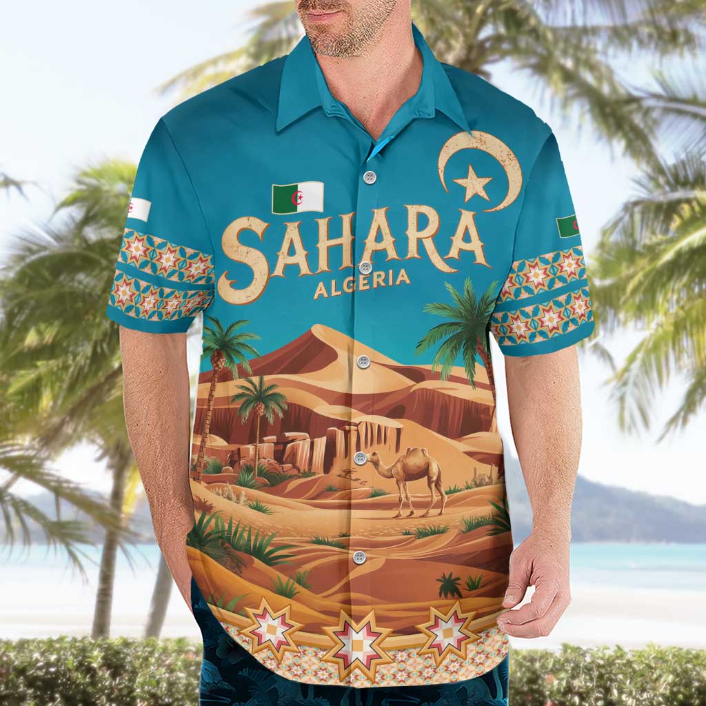 Sahara Algeria Hawaiian Shirt with Desert Camel Landscape and Islamic Motif Design