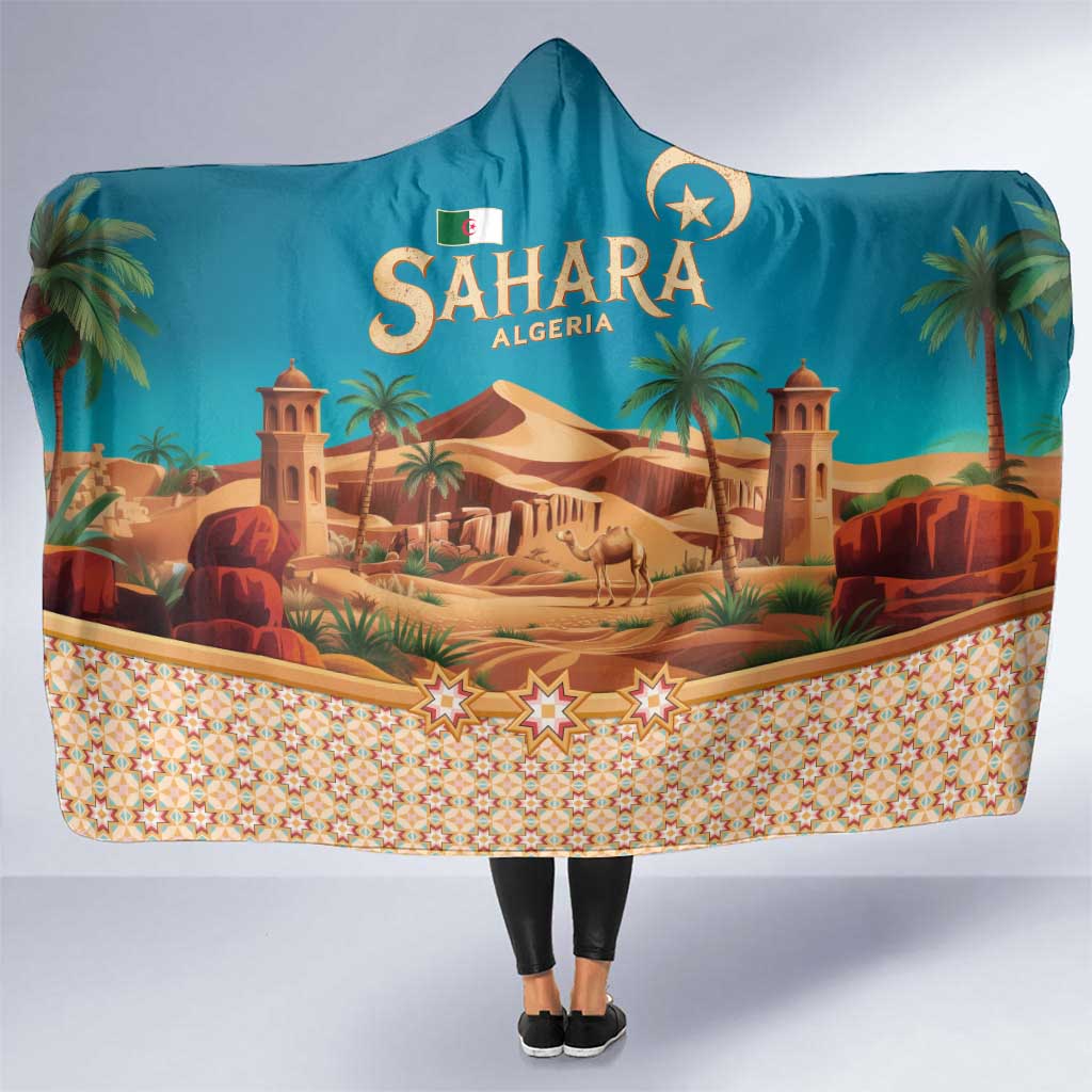 Sahara Algeria Hooded Blanket with Desert Camel Landscape and Islamic Motif Design