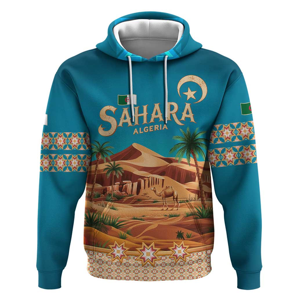 Sahara Algeria Hoodie with Desert Camel Landscape and Islamic Motif Design