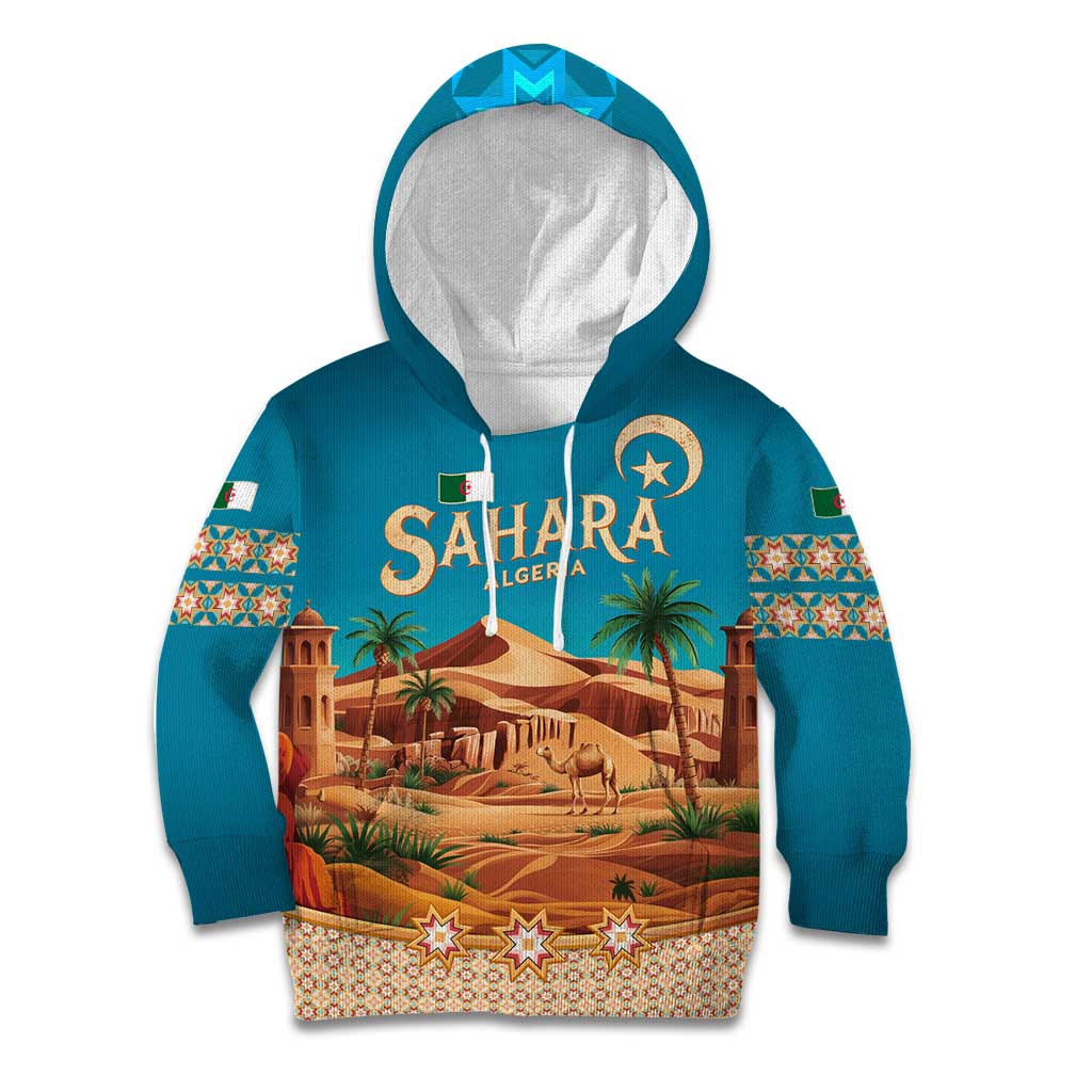 Sahara Algeria Kid Hoodie with Desert Camel Landscape and Islamic Motif Design