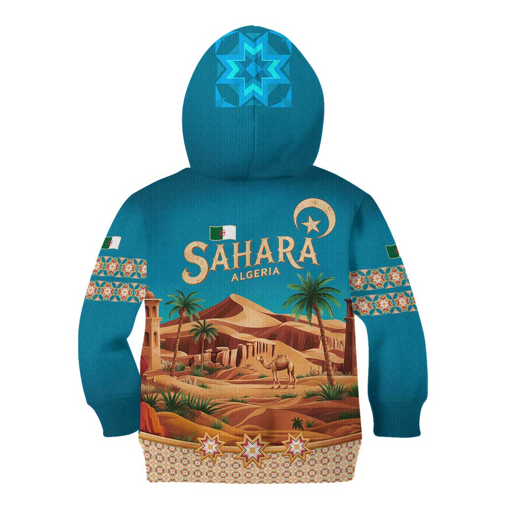 Sahara Algeria Kid Hoodie with Desert Camel Landscape and Islamic Motif Design