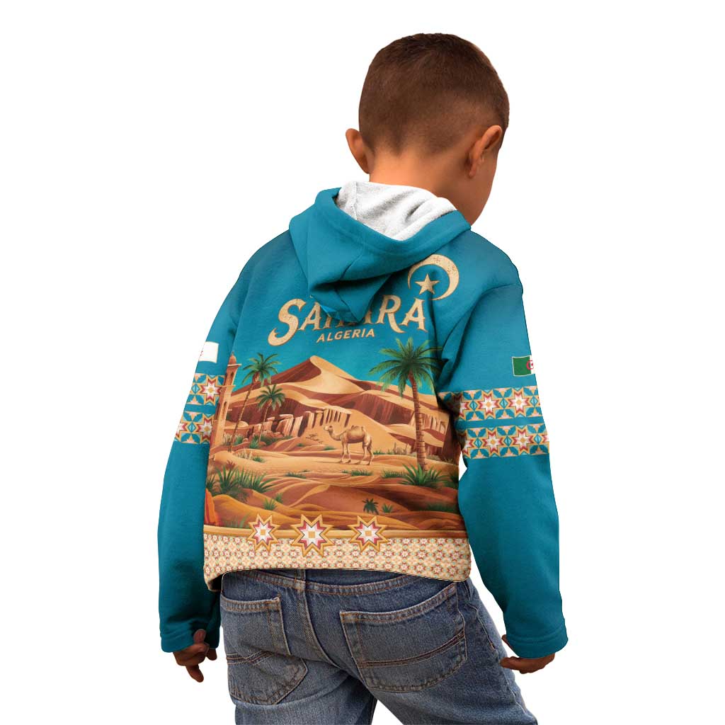 Sahara Algeria Kid Hoodie with Desert Camel Landscape and Islamic Motif Design