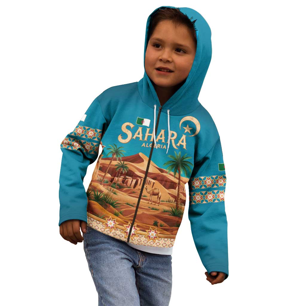 Sahara Algeria Kid Hoodie with Desert Camel Landscape and Islamic Motif Design