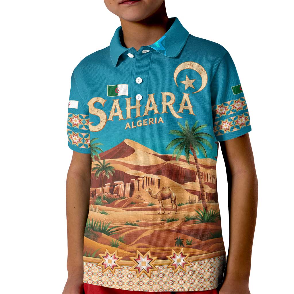 Sahara Algeria Kid Polo Shirt with Desert Camel Landscape and Islamic Motif Design
