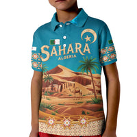 Sahara Algeria Kid Polo Shirt with Desert Camel Landscape and Islamic Motif Design