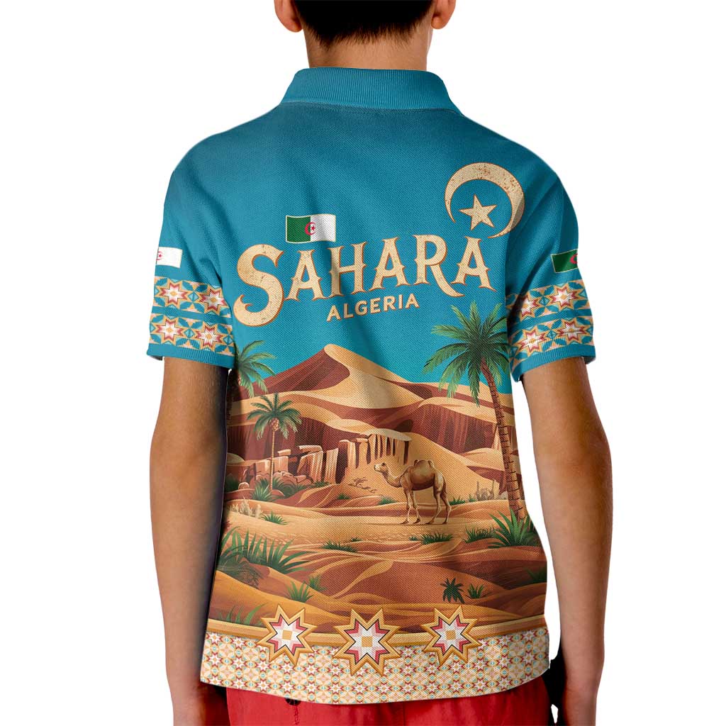 Sahara Algeria Kid Polo Shirt with Desert Camel Landscape and Islamic Motif Design