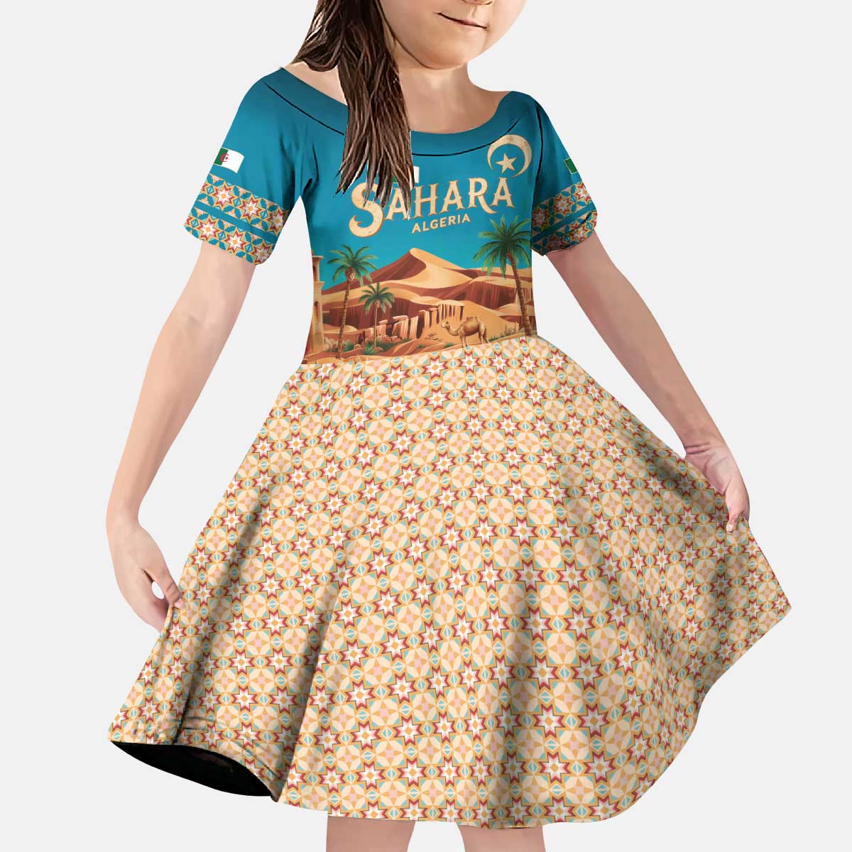 Sahara Algeria Kid Short Sleeve Dress with Desert Camel Landscape and Islamic Motif Design