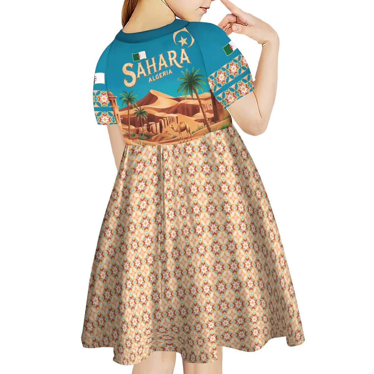 Sahara Algeria Kid Short Sleeve Dress with Desert Camel Landscape and Islamic Motif Design