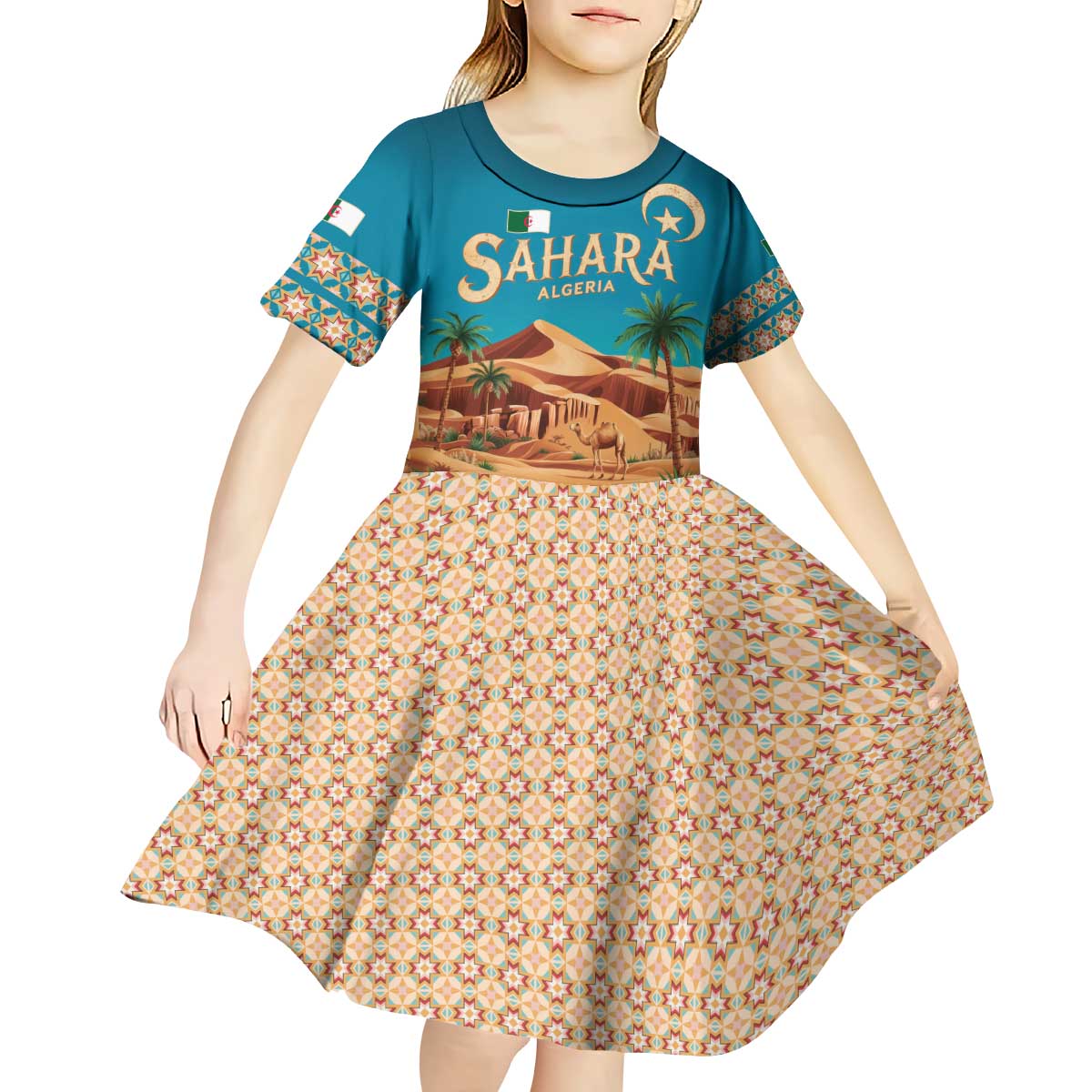 Sahara Algeria Kid Short Sleeve Dress with Desert Camel Landscape and Islamic Motif Design