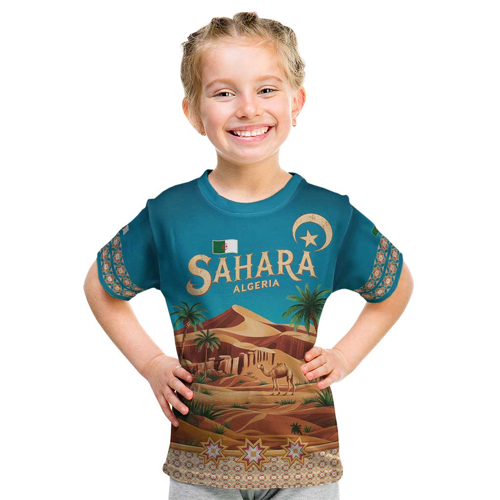Sahara Algeria Kid T Shirt with Desert Camel Landscape and Islamic Motif Design