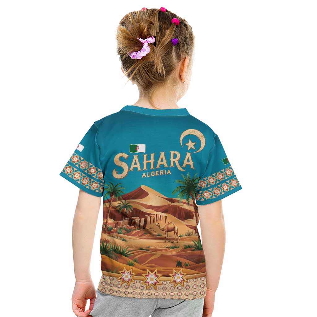 Sahara Algeria Kid T Shirt with Desert Camel Landscape and Islamic Motif Design