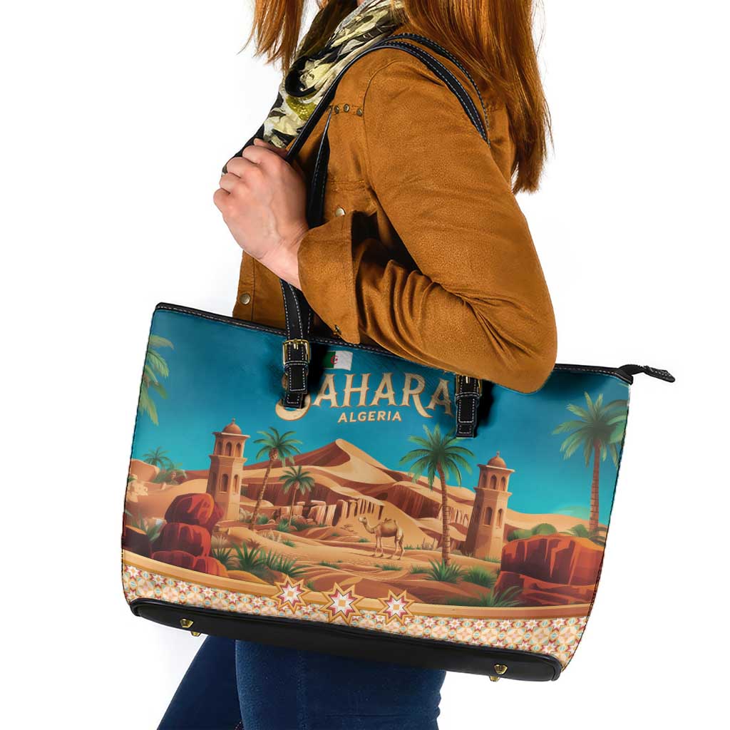 Sahara Algeria Leather Tote Bag with Desert Camel Landscape and Islamic Motif Design