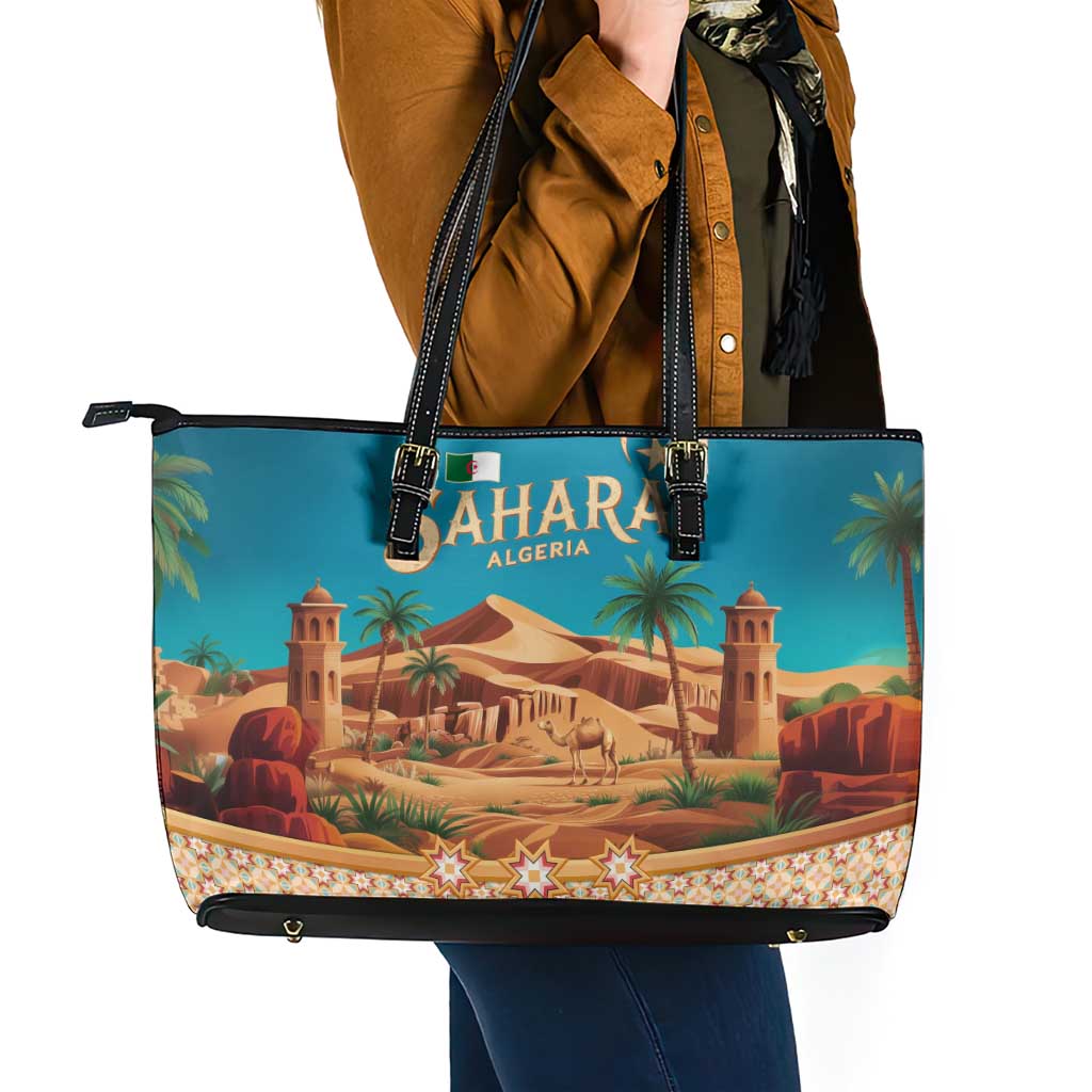 Sahara Algeria Leather Tote Bag with Desert Camel Landscape and Islamic Motif Design