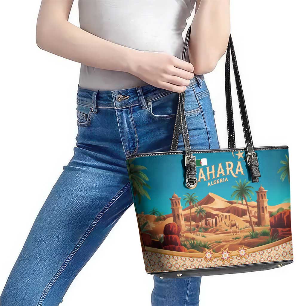 Sahara Algeria Leather Tote Bag with Desert Camel Landscape and Islamic Motif Design