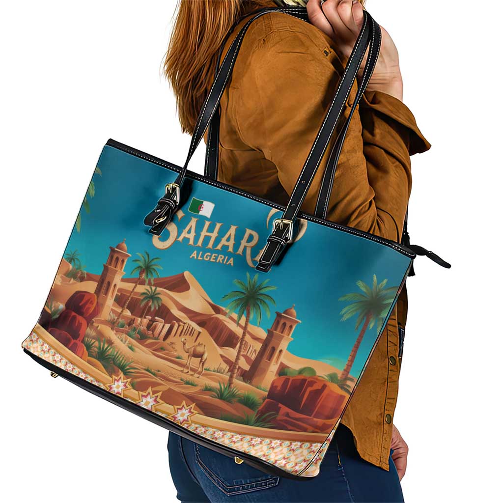 Sahara Algeria Leather Tote Bag with Desert Camel Landscape and Islamic Motif Design