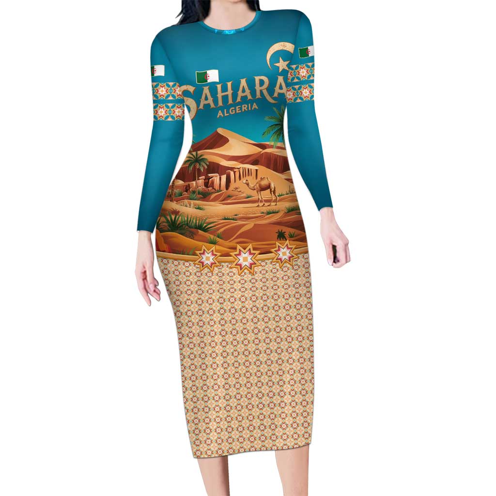Sahara Algeria Long Sleeve Bodycon Dress with Desert Camel Landscape and Islamic Motif Design