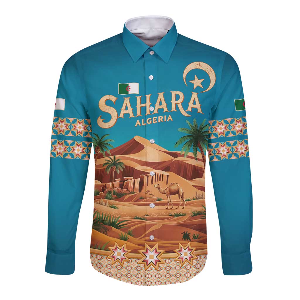 Sahara Algeria Long Sleeve Button Shirt with Desert Camel Landscape and Islamic Motif Design