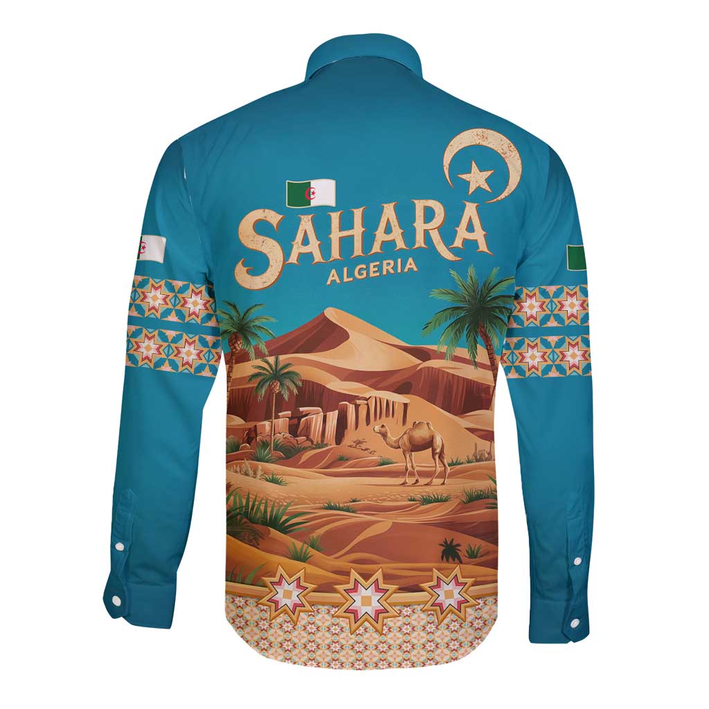 Sahara Algeria Long Sleeve Button Shirt with Desert Camel Landscape and Islamic Motif Design
