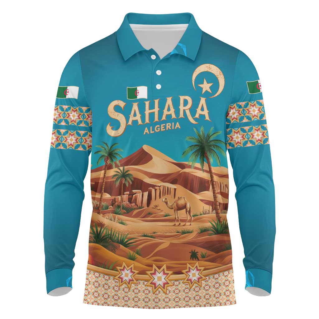 Sahara Algeria Long Sleeve Polo Shirt with Desert Camel Landscape and Islamic Motif Design